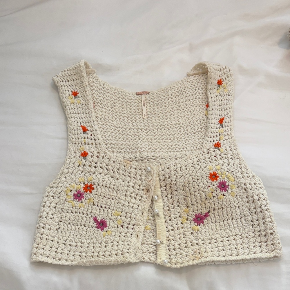 Free People Crochet Floral Embroidered Crop Top